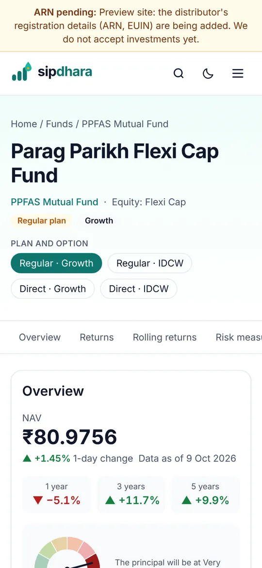 SIPDhara fund page on a phone: Parag Parikh Flexi Cap Fund, NAV ₹80.9756 on 9 Oct 2026