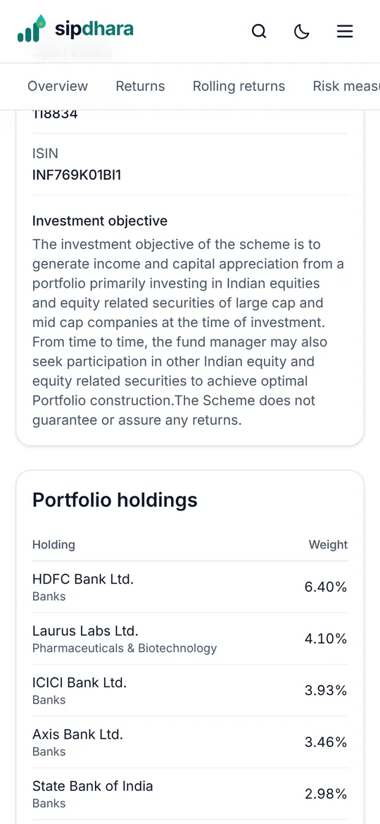 Portfolio holdings of Mirae Asset Large and Midcap Fund on a phone