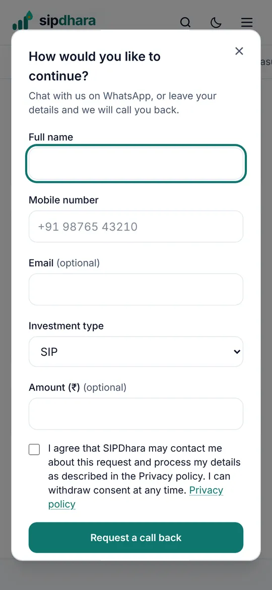 Invest dialog on a phone with a call-back form and consent checkbox