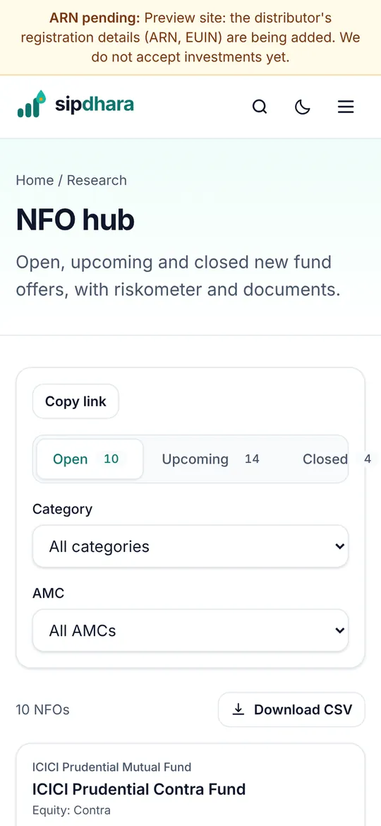 NFO hub on a phone showing open, upcoming and closed new fund offers