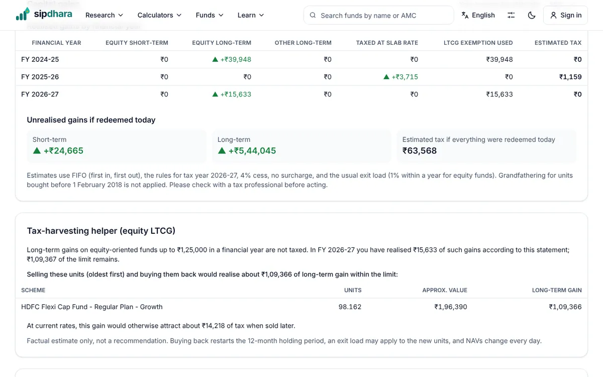 Tax-harvesting helper and capital gains estimate from the demo statement