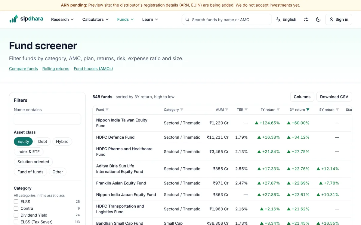 Fund screener filtered by asset class with sortable return and cost columns